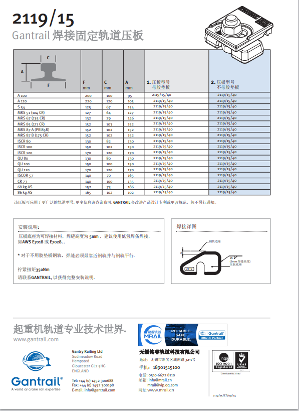 2119/15GANTRAIL焊接固定轨道压板