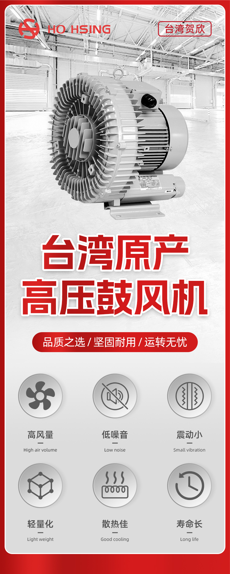 吹吸两用高压鼓风机 低噪音耐磨鼓风机 RB50-510 Ho Hsing贺欣示例图1